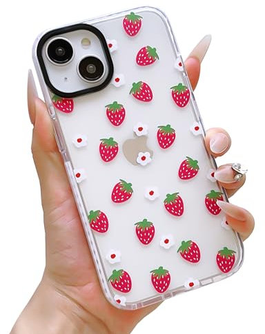 ECZOIL Compatible for iPhone 14 Plus/15 Plus Case,Cute Clear Strawberries Flowers Cartoon for Women Girl Soft TPU Shockproof Anti-Yellow Protective Phone Case-Strawberries Flowers