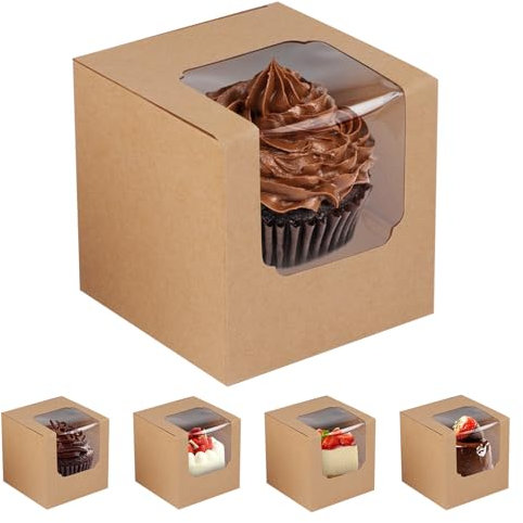 16Pcs Brown Cupcake Boxes, 9x9x9cm Individual Cake Boxes for Cake Portions Bakery Pastry Boxes with Window and Inserts Pre-Assembled Containers for Desserts Pastries Cookies Cakes Candy Gifts (Brown)