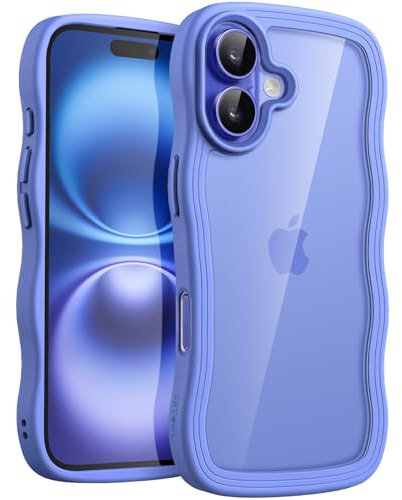 JETech Wavy Case for iPhone 16 Plus 6.7-Inch, Cute Wave Frame Curly Shape Shockproof Phone Cover for Women and Girls, Clear Hard PC Back (Ultramarine)