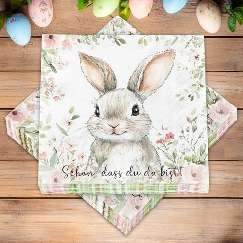 40 Stück Servietten Ostern, Kaninchen Servietten Ostern Frühling, Osterservietten Tischdeko Ostern Partyzubehör - Schön, Dass Du da Bist(33 x 33 cm)