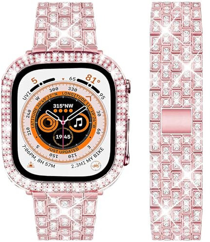 DEALELE Correas y funda compatibles con Apple Watch de 49 mm, 46 mm, 42 mm, 45 mm, 41 mm, 44 mm, 40 mm, 38 mm, correa de metal brillante con funda protectora para iWatch Series 10/9/8/7/6/5/4/3/SE