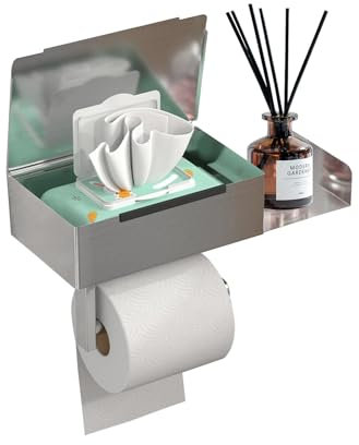 Toilettenpapierhalter Ohne Bohren, Toilettenpapierhalter mit Feuchttücherbox, Klorollenhalter mit Ablage Toilettenpapier Aufbewahrung für für Küche und Bad, Silbrig