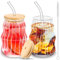 BUOAZR Juego de 2 Tazas de Café Helado, 530ML Tazas de Vidrio Raya, Taza de Agua Acanalada, Tazas de Jugo, con Tapa con Pajita de Vidrio y Cepillo, para Cerveza, Leche, Agua, Jugo, Café