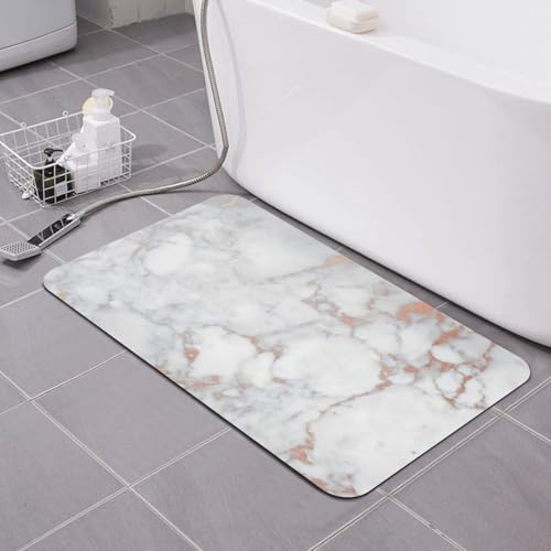 WKSGDSG Super Absorbent Bath Mats For Bathroom, White Marble Rose Gold Diatomaceous Mat Quick Drying Non-Slip Bathtub Mat For Bathroom Kitchen Door Mat, Rubber Backed Washable Thin, 80x50 Cm