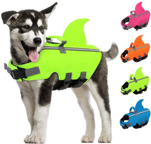 AOFITEE Hai Schwimmweste Hund Klein, Verstellbar Hundeschwimmweste Hai mit Rettungsgriff, Reflektierende Hunde Schwimmweste Hohe Flotation Hund Schwimmweste Rettungsweste für Kleine, Mittlere Hunde