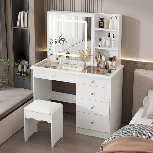 Caldion Schminktisch mit Schiebespiegel und LED-Beleuchtung,Kosmtiktisch und Hocker,Frisiertisch mit gehärtetem Glas,Kosmetikkommode mit 5 Schubladen,für Schlafzimmer,Weiß,100x50x135cm