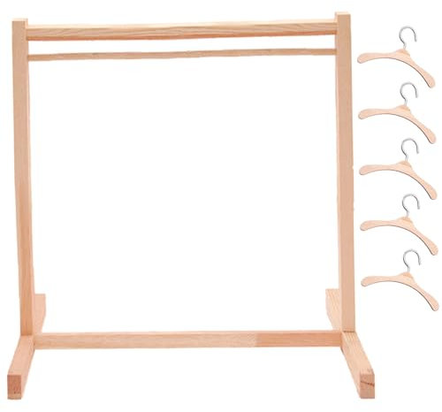 Puppenkleideraufbewahrung mit 5 Puppenkleiderbügeln, 30, 5 x 30, x 18, 8 cm, realistischer Puppenkleiderständer aus Holz, Mini-Puppenhausmöbel für Puppenzimmer, unverzichtbares Zubehör, Puppenklei