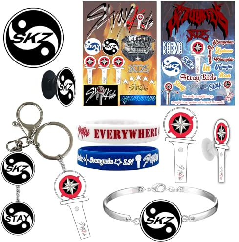 Tulufanskrr Stray Kids Merch Kpop Fanartikel Set, Stray Kids Geschenk, StrayKids Fans Gift Set für Stay, Kpop Merchandise Schlüsselbund Silikonarmbänder Handyhalterung Aufkleber SK