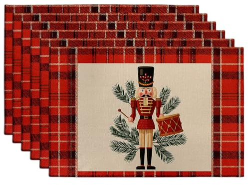 Christmas Nutcracker Placemats, Red Plaid Holiday Table Mats for Dining, Non-Slip Washable Indoor Outdoor Decorative Place Mats Set of 6