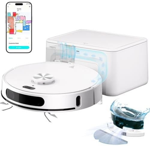 Robot Aspirapolvere Lavapavimenti con Mappatura 8000Pa LiDAR Navigation | Automatico 200Mins, Svuotamento Automatico aree Riservate Pulizia Personalizzata WiFi/Alexa/App, Per Pavimenti-Bianco