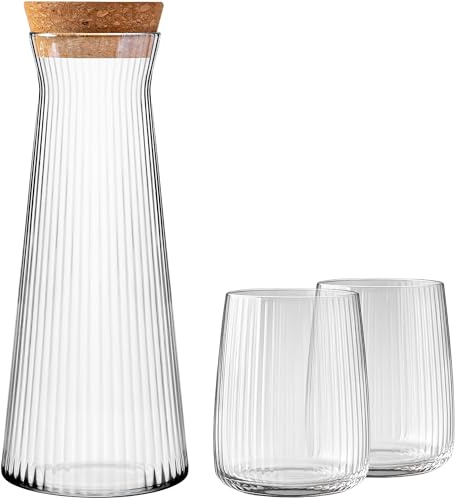 KONZEPT Caraffa per acqua con 6 bicchieri scanalati – Caraffa in vetro da 1 l e set di bicchieri da 320 ml – Design elegante e lavabile in lavastoviglie – Durevole, elegante e perfetto per casa o