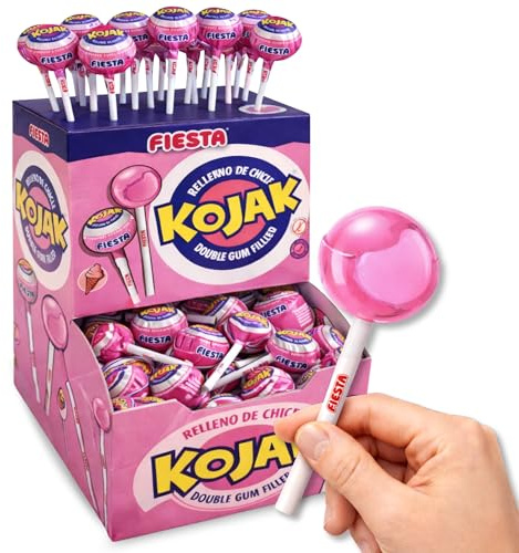 Caramelo con Palo Sabor helado de fresa, Caramelo relleno de Chicle Kojak, Apto para veganos, sin gluten, sin huevo y sin lactosa es completamente apto para celíacos, Contiene 1 caja con 100 unidades