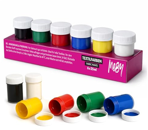 MEBY Textilfarben für helle Textilien (6 Farben x 25 ml) | Stofffarben-Set mit Pinsel. Waschfest nach Fixierung. Geeignet für T-Shirts, Taschen und viele helle Stoffe
