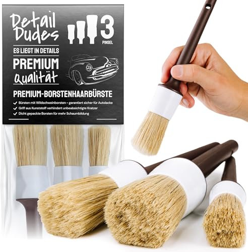Ultra Soft Natural Boars Hair Bristle Car Detail Brushes - Set of 3 - Perfect for Washing Emblems Wheels Interior Upholstery Air Vents, No Metal Parts