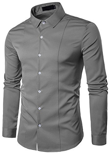 Kuson Homme Chemise Manches Longues Slim Fit Couleur Uni Infroissable sans Repassage, Gris, XL