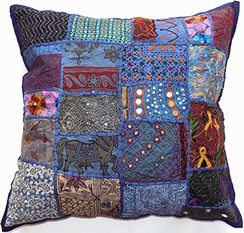 Zierkissen Bezug 61 x 61 cm Baumwolle indische Handarbeit Patchwork bestickt Pailletten Perlen ethnischen Blumen Blätter Geometrische Quadratisch Scatter Boden passt Kissen Fall bis zu 61 x 61 cm