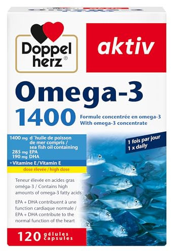 Doppelherz – Omega-3 1400 – Teneur élevée en acides gras Oméga 3 EPA et DHA & vitamine E – Pour la bonne fonction cardiaque – Huile de poisson de mer – 120 gélules