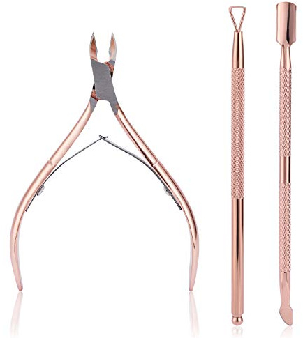 3 Piezas Pinza de Cutículas con Levantador de Cutícula Removedor de Cutícula de Acero Inoxidable y Herramienta de Belleza Cortador, Mwoot Alicates Cortaúñas, Pedicura y Herramientas (oro rosa)