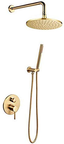 Lopus Set Doccia, Set doccia a scomparsa in ottone oro spazzolato a parete con soffione a pioggia a spruzzo con top in ottone rotondo 8-12e doccia a telefono, Sistemi Doccia di lusso,8 inch