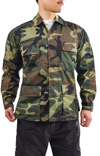 BACKBONE Mens Army Military Battle Dress Uniform BDU Shirt Camo Top Jacket (Woodland Camo,Size L)