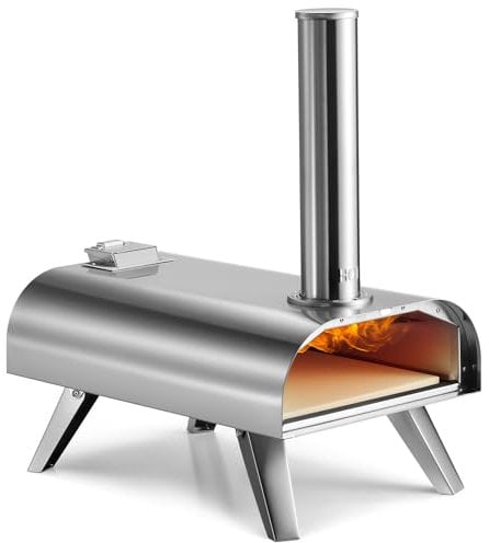 VonHaus Pizza Oven Outdoor – For Tabletop with Stone Included – Stainless Steel, Pellet Fuelled, Removable Chimney, Foldable Legs – For up to 12” Dough – Can Also Smoke Meat, Fish & Veg