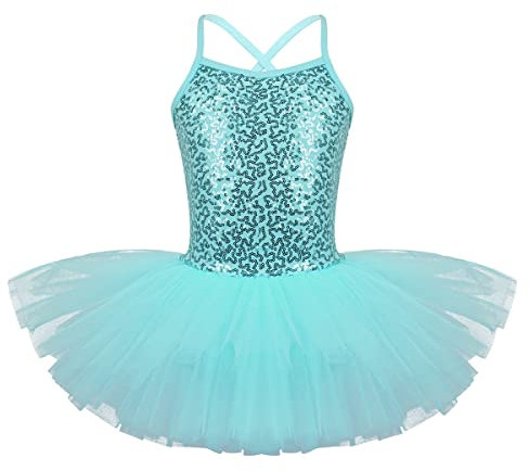 Freebily Mädchen Ballettkleid Glänzend Pailletten Ballett Trikot Ballett Tutu Rock Kinder Bühnen Tanzkleidung Gymnastikanzug Gr. 92-176 Türkis 128-140