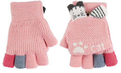 AfinderDE Kinder Fausthandschuhe Mit Abnehmbarer Klappe - Strickhandschuhe Für Mädchen Und Jungen, Fingerlos, Halb Fingerhandschuhe, Winterhandschuhe (Pink 3), L