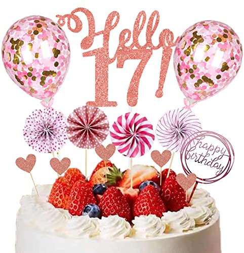 HCRXVV 17.Tortendeko Geburtstag Mädchen Rosa 17 Happy Birthday Tortendeko Cake Topper mit Papierfächer für 17th Geburtstag Party Kuchen Deko Rosa(12Stück)