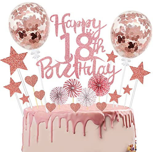 Tortendeko 18. Geburtstag Mädchen, 24 Stück Glitzer Geburtstagstorte Topper, Roségold Cake Topper Deko, Happy 18th Birthday Kuchendeko für Party Kuchen