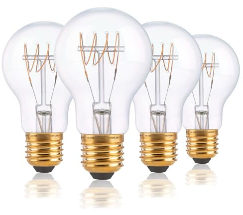 FLSNT Dimmbar E27 LED Warmweiss, A60 LED Spiral Filament Edison Glühbirne Vintage, 4W(Ersetzt 40W), 350LM Deko Glühbirne, 2200K Warmweiß, Klar Glas, 4 Stück