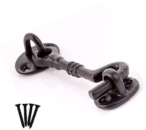 Black Cabin Hook 4-Inch Traditional Cast Iron Fancy Cabin Hook & Eye Silent Catch Door Latch Holder with Screws Silent Cabin Hook for Shed Gate Catch Garden Gate Latch Pack of 1.