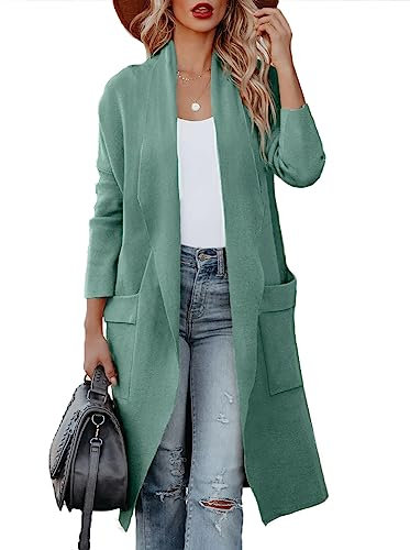 Uusollecy Strickjacke Damen Lang Herbst Drapiert Open Front Cardigan Warm Winter Strickmantel mit Taschen, Türkis XL