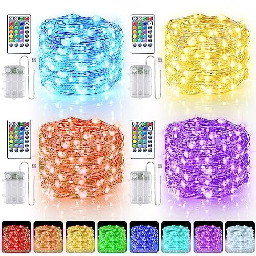 66ft 200LED Fairy Lights Battery Operated, 4 Pack 16.5ft 16 Color Changing String Light with Remote Timer, RGB Waterproof Twinkle Lights for Indoor Outdoor Room Garden Yard Gift Party Christmas Décor