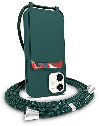 FOQENCCI iPhone 12 Case with Card Holder,iPhone 12 Pro Crossbody Phone Case,Liquid Silicone Phone Case with Adjustable Lanyard Strap Slim Fit Shockproof Bumper Cover for iPhone 12/12 Pro Dark-Green