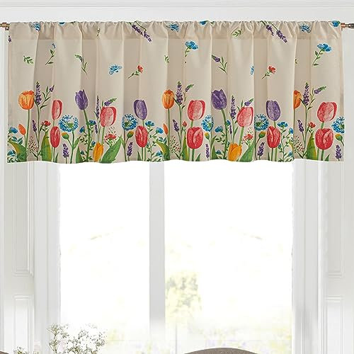 Hodeffior Blackout Curtains for Window 3 Sizes Tulip Printed Short Curtains Soundproof Privacy Protection Cotton Linen Curtain for Living Room Bathroom Window Drapes Fabric 230L x 60Hcm