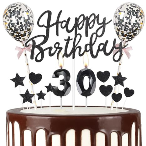 mciskin Black 30th Birthday Decorations for Women Men,3D Number 30 Candle for Cake,Black Cake Toppers for Women Men,Glitter Happy 30th Birthday Cake Toppers for Party Decorations Supplies