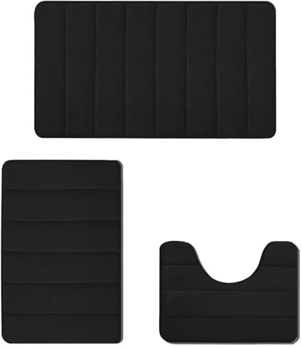 NZDFH Badezimmerteppich Set 3 teilig Badematte rutschfest Waschbar Badteppich Duschvorleger, Antirutschmatte Dusche, 40×60cm Badvorleger, 40×50cm WC Vorleger, 38×42cm Kleiner Badematten, Schwarz