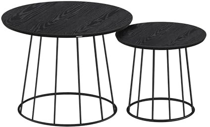 VASAGLE Couchtisch rund, 2er Set, modern, runder Beistelltisch, mit Stahlgestell, für Wohnzimmer, Schlafzimmer, ebenholzschwarz LCT045B56