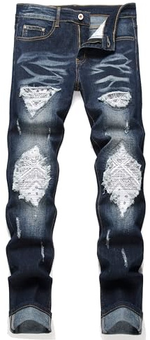 OIIIO Men's Patch Ripped Stretch Regular Fit Jean, 6650 Blue, 28