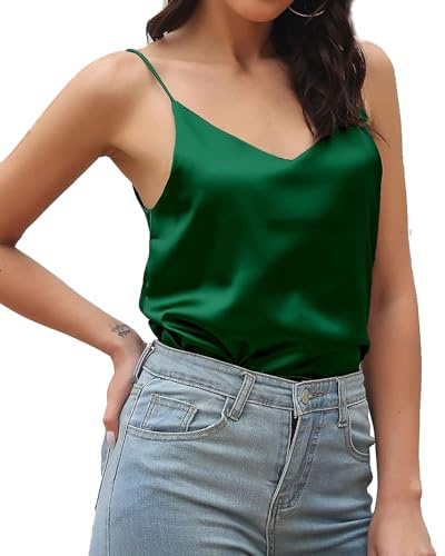 Vossmi Mujer Camiseta sin Manga Sexy Cuello en V Camisola de Tirantes de Satén Chalecos Interiores para Mujer Elegante Strappy Top