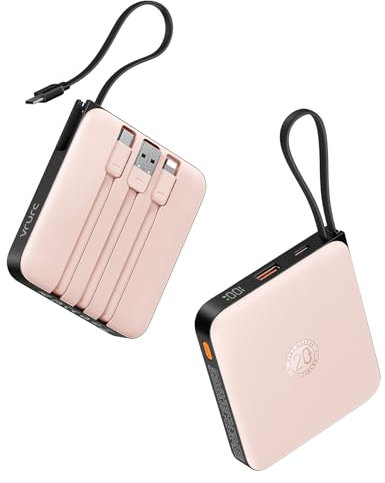 VRURC Batterie Externe 10000mAh avec 4 Câbles Intégrés Mini et Mince Batterie Portable USB C 22.5W Charge Rapide Power Bank avec Affichage LED pour iPhone Huawei Xiaomi (Rose)