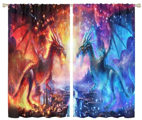 COALHO Coole antike Drachen-Vorhänge, Fantasy-Jungen-Zimmer-Dekor, Feuerbrennendes Eis, Wildtiere, Drache, Fensterbehandlung, Verdunkelungsvorhänge, wärmeisoliert, Stangentaschenvorhang für