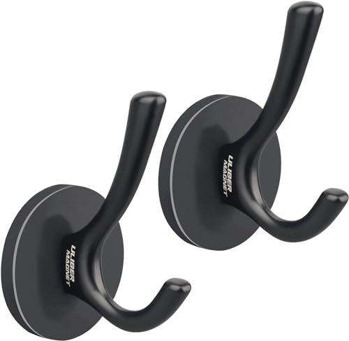 ULIBERMAGNET Starke magnetische Doppelhaken, 2-Pack Heavy Duty Robuste Mantel Magnetische Haken, Gummimagnete Große Haken für Mantel Robe Handtuch Schlüsselhut (schwarz)