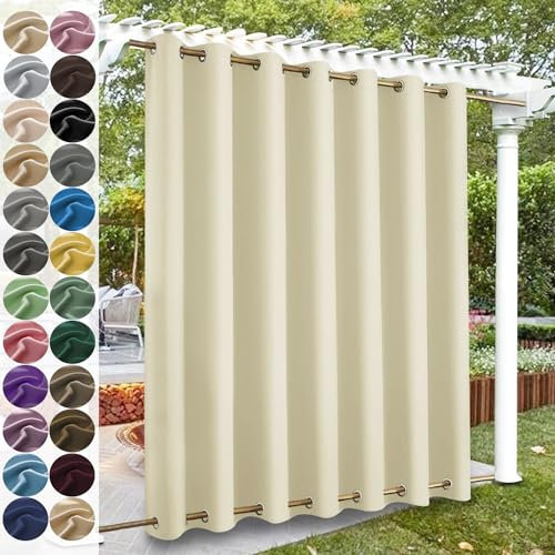 KUZRZNH Outdoor Vorhänge, Outdoorvorhänge mit ösen Oben und unten, Wasserdicht Wetterfest Vorhang Sonnenschutz Sichtschutz Gardine für Außen Terrasse Balkon Vorhalle,Beige,1 Stück|304x213CM(BxH)