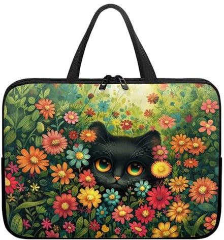 Belidome Laptop-Hülle für Mädchen, Motiv: schwarze Katze, Blumenmuster, tragbare Computer-Tragetasche mit Griff, 38,1 cm (15 Zoll)