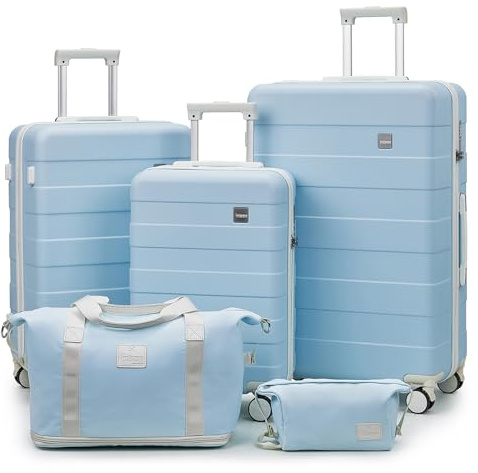 imiomo Juego 5 Maletas, TSA, Ruedas 360°, Neceser y Bolsa de Viaje, Azul | ABS, Asa telescópica 3 niveles, cremalleras YKK, compartimentos internos organizados y carcasa rígida resistente a arañazos