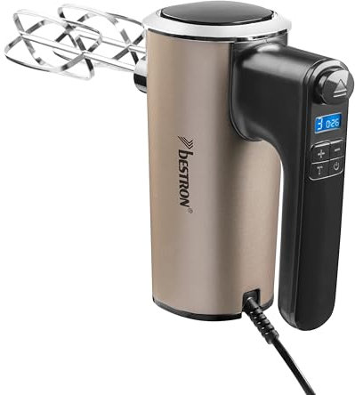 Bestron Batteur electrique cuisine, Batteur mixeur à main puissant avec 6 vitesses, fonction turbo et écran LCD, livré avec 2 fouets et 2 crochets pétrisseurs, poids léger de 1 kg, couleur: Beige