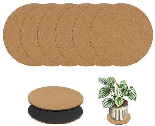 M METERXITY 6-Pack Cork & Plastic Round Wood, Black Plant Coasters, 4 Inch Diameter, 0.2 Inch Thick, Non-Slip, Absorbs Liquids