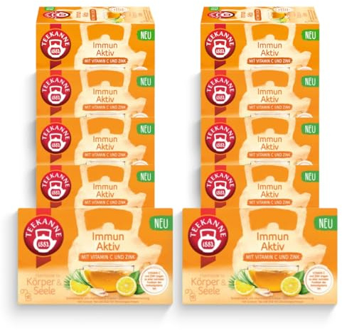 TEEKANNE Immun Aktiv Aromatisierte und vitaminisierte Kräuter- & Früchteteemischung mit Grünem Tee und Zink mit Zitronengeschmack, 10 Packungen x 18 Beutel (10x 32,4g)