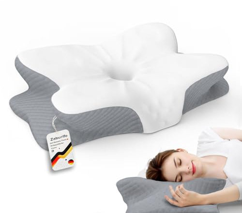 Zaburifo 50D Orthopädisches Nackenkissen mit Memory-Schaum | EU-Designpatent & Zertifizierungen | 2 Anti-Pilling-Bezüge | Vorbeugt & Lindert Kissen für Nackenschmerzen | Für Alle Schlafpos.(Weiß/Grau)